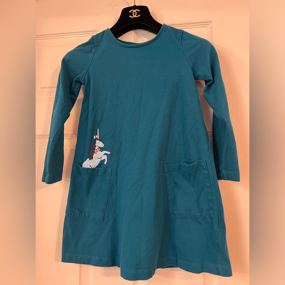 Hannah Andersson turquoise unicorn dress Long Sleeve pockets size 120 6-7 Cotton